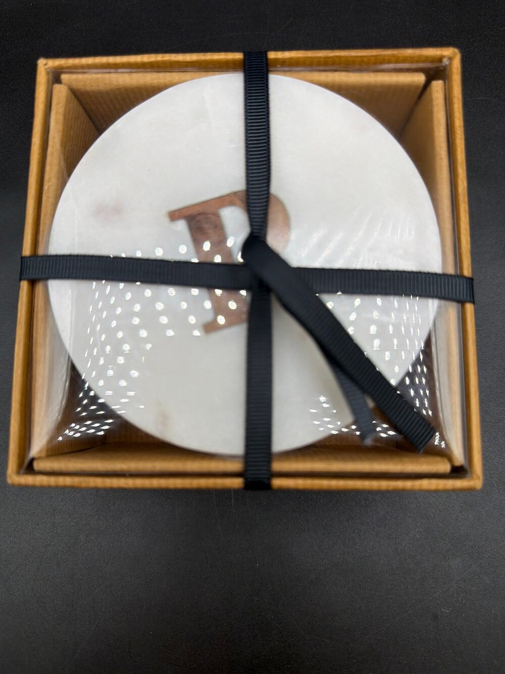 Pottery Barn Monogram Letter P White Marble Coaster Set of 4 Holder NIB